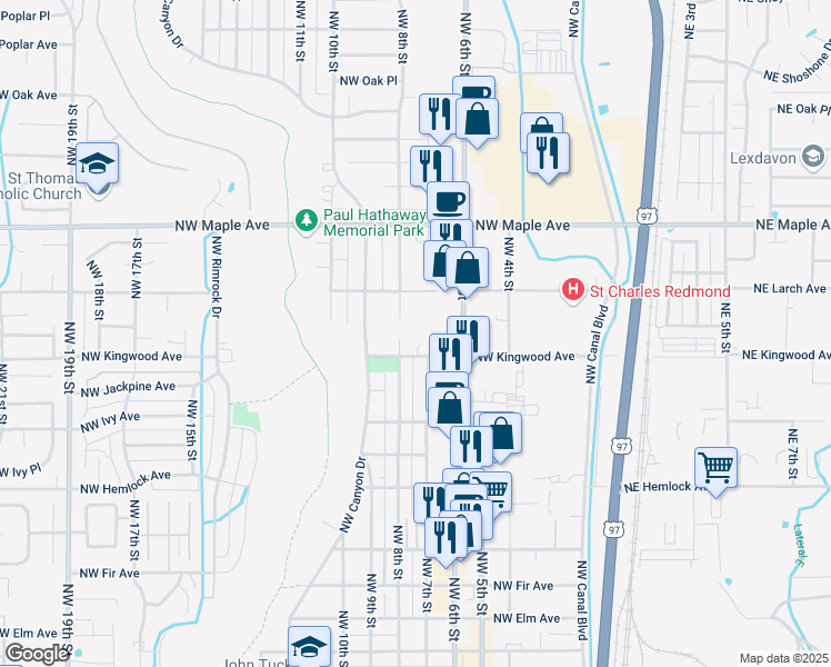 map of restaurants, bars, coffee shops, grocery stores, and more near 1241 Northwest 6th Street in Redmond