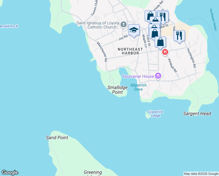 map of restaurants, bars, coffee shops, grocery stores, and more near 17 Smallidge Point Road in Mount Desert