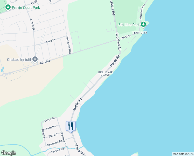 map of restaurants, bars, coffee shops, grocery stores, and more near 1415 Maple Road in Innisfil