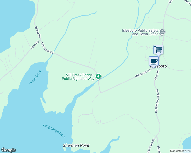 map of restaurants, bars, coffee shops, grocery stores, and more near 232 Mill Creek Road in Islesboro