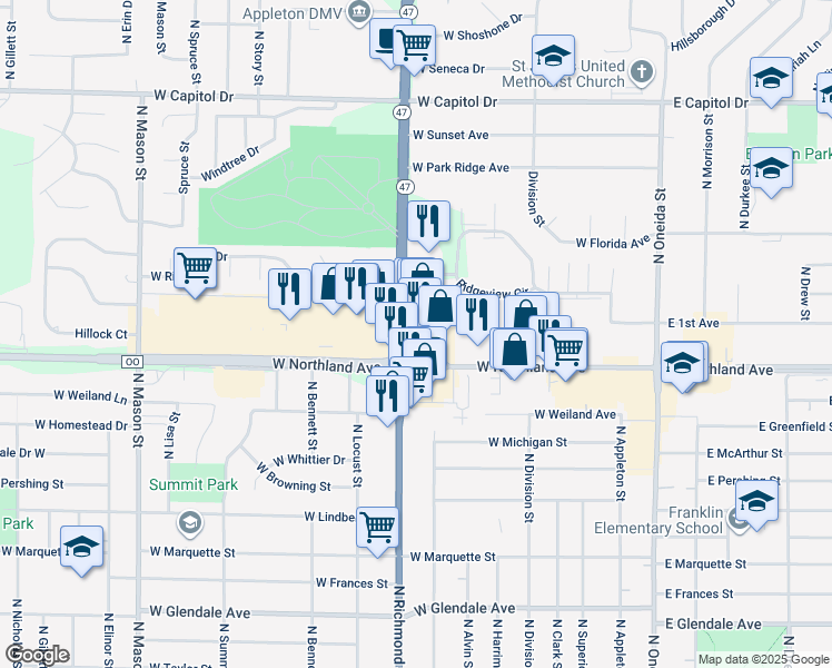 map of restaurants, bars, coffee shops, grocery stores, and more near 698 W Northland Ave in Appleton