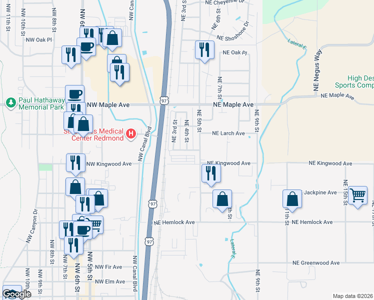 map of restaurants, bars, coffee shops, grocery stores, and more near Northeast Kilnwood Place in Redmond