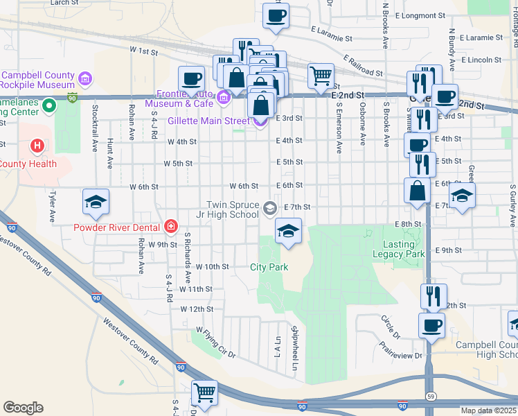 map of restaurants, bars, coffee shops, grocery stores, and more near 103 West 7th Street in Gillette