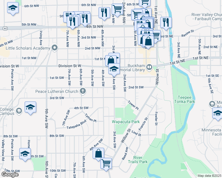map of restaurants, bars, coffee shops, grocery stores, and more near 204 3rd Avenue Southwest in Faribault