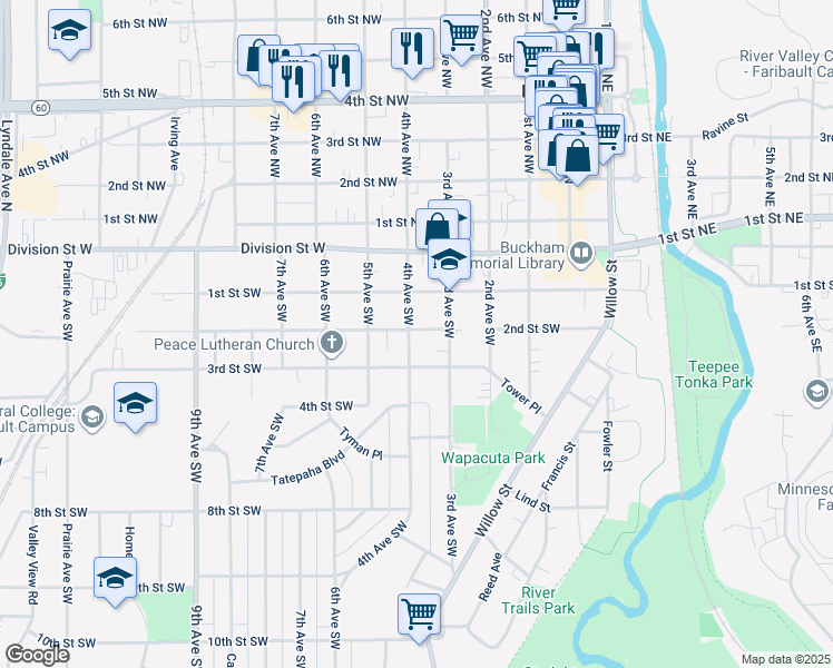 map of restaurants, bars, coffee shops, grocery stores, and more near 201 4th Avenue Southwest in Faribault