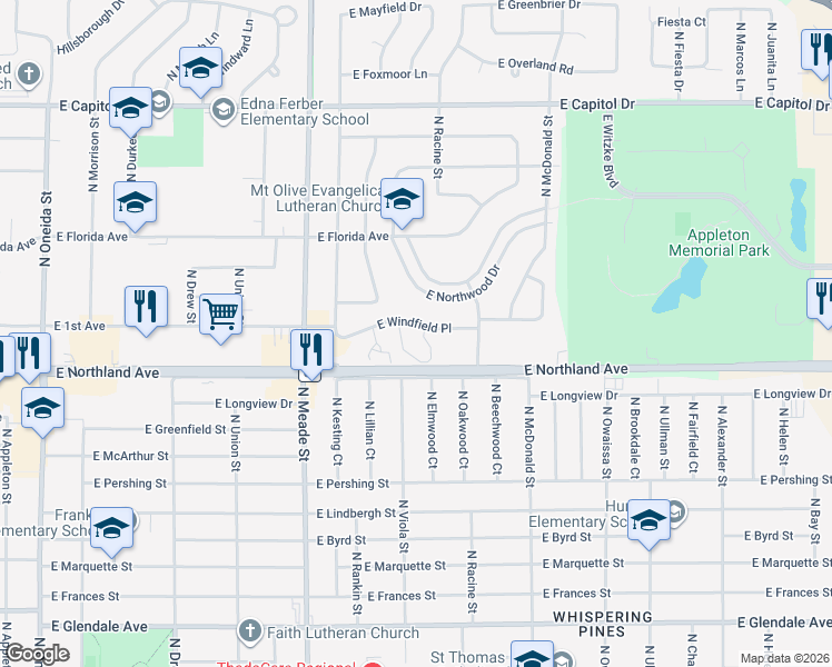 map of restaurants, bars, coffee shops, grocery stores, and more near 912 East Windfield Place in Appleton