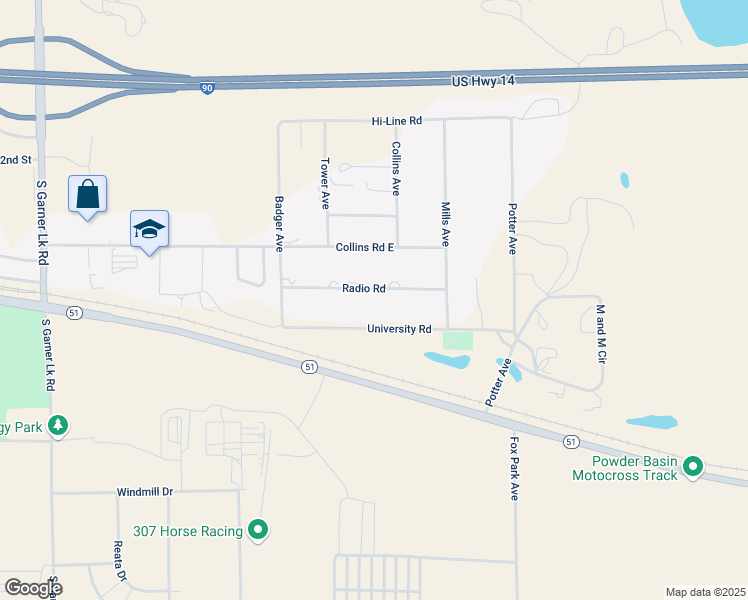 map of restaurants, bars, coffee shops, grocery stores, and more near 4521 Radio Road in Gillette