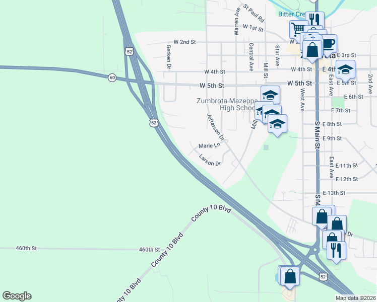 map of restaurants, bars, coffee shops, grocery stores, and more near 936 Larson Drive in Zumbrota