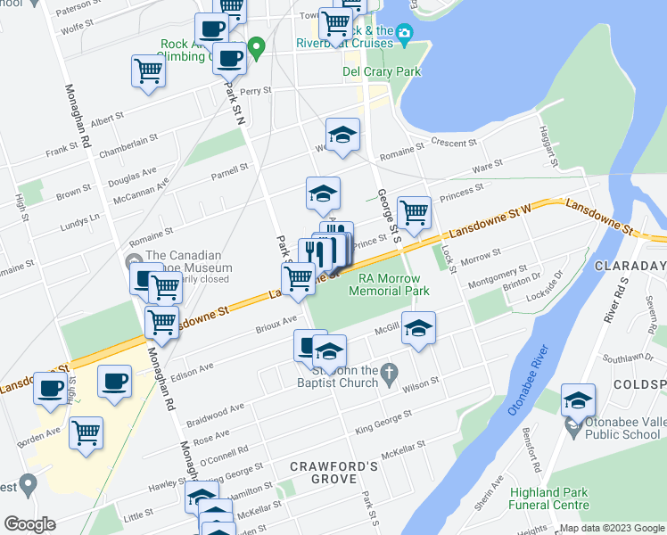 map of restaurants, bars, coffee shops, grocery stores, and more near 242 Lansdowne Street in Peterborough
