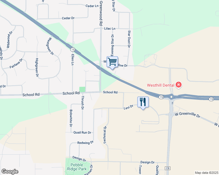 map of restaurants, bars, coffee shops, grocery stores, and more near W6463 Greenville Drive in Greenville