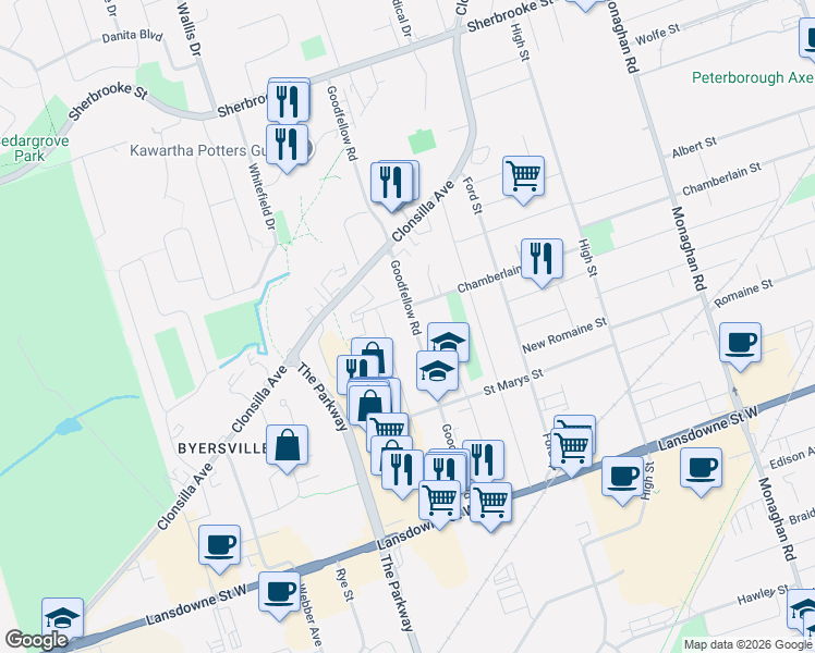 map of restaurants, bars, coffee shops, grocery stores, and more near 129 Goodfellow Road in Peterborough