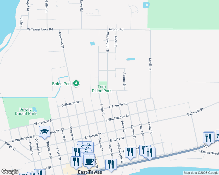 map of restaurants, bars, coffee shops, grocery stores, and more near 730 Wadsworth Street in East Tawas