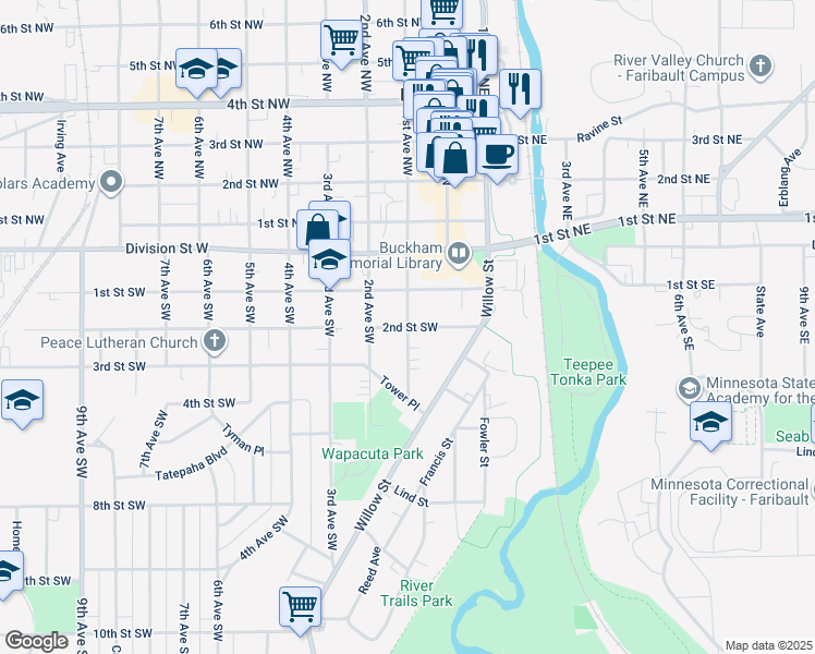 map of restaurants, bars, coffee shops, grocery stores, and more near 101 2nd Street Southwest in Faribault