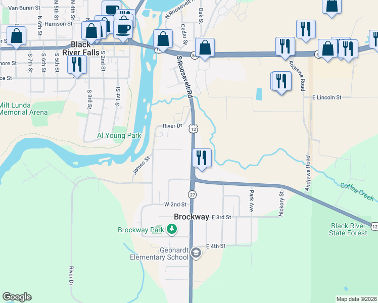 map of restaurants, bars, coffee shops, grocery stores, and more near 118 River Drive in Black River Falls