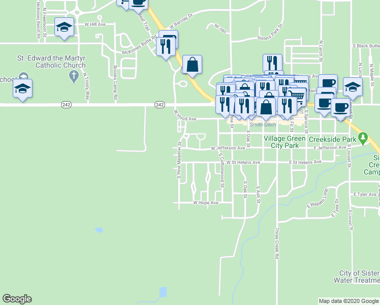 map of restaurants, bars, coffee shops, grocery stores, and more near 671 West Jefferson Avenue in Sisters