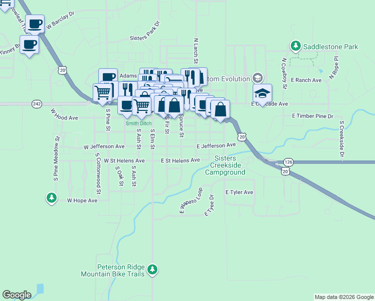 map of restaurants, bars, coffee shops, grocery stores, and more near 386 East Jefferson Avenue in Sisters
