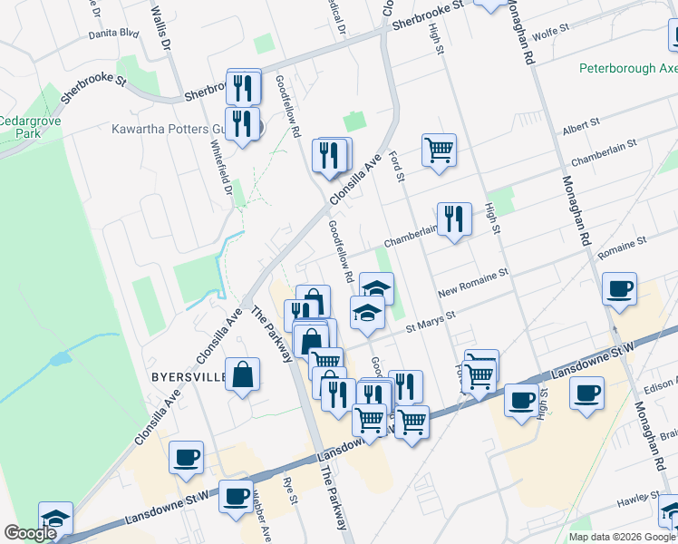 map of restaurants, bars, coffee shops, grocery stores, and more near in Peterborough