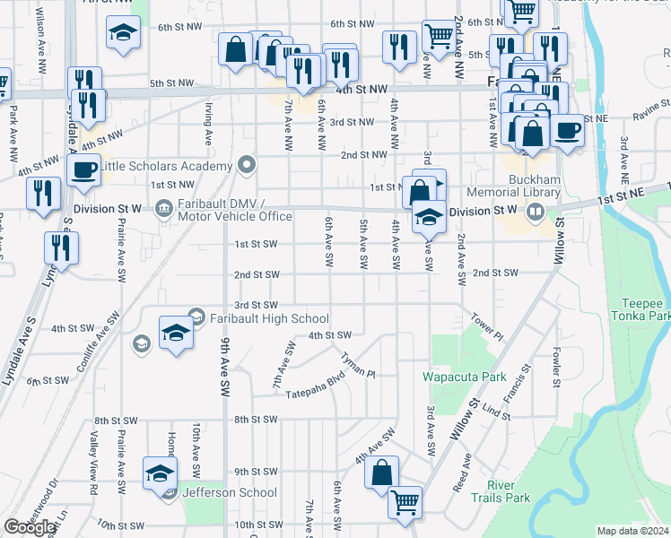map of restaurants, bars, coffee shops, grocery stores, and more near 127 6th Avenue Southwest in Faribault