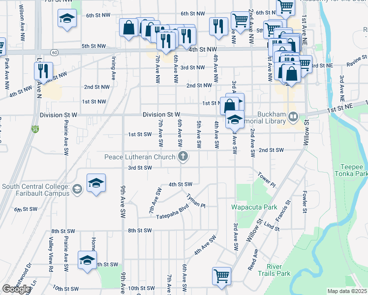 map of restaurants, bars, coffee shops, grocery stores, and more near 127 6th Avenue Southwest in Faribault