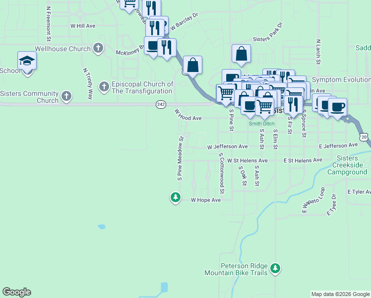 map of restaurants, bars, coffee shops, grocery stores, and more near 373 South Pine Meadow Street in Sisters