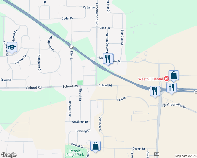 map of restaurants, bars, coffee shops, grocery stores, and more near N1334 Greenwood Road in Greenville