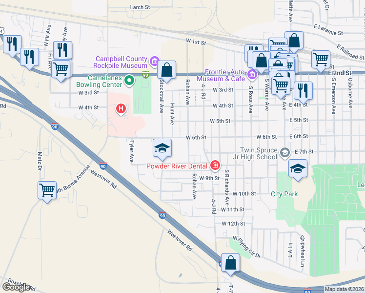 map of restaurants, bars, coffee shops, grocery stores, and more near 703 West 6th Street in Gillette