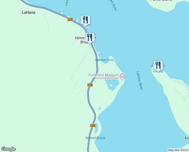 map of restaurants, bars, coffee shops, grocery stores, and more near 3554 Nova Scotia 331 in LaHave