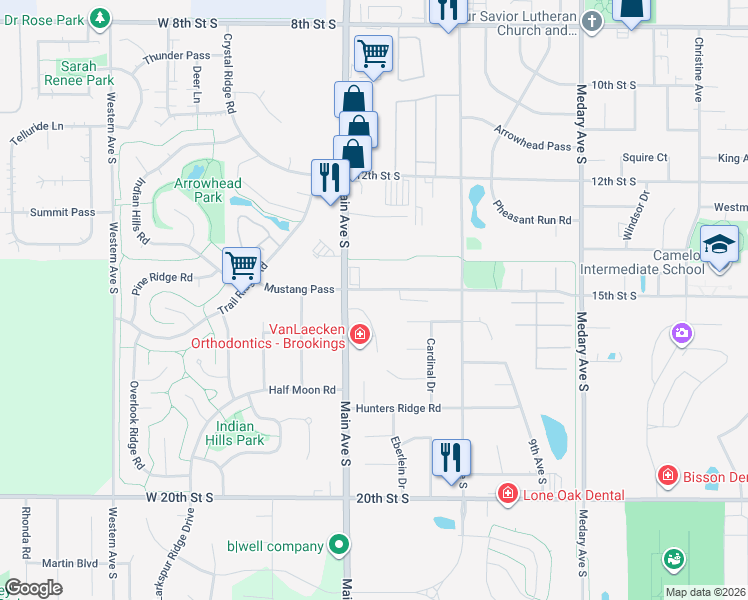 map of restaurants, bars, coffee shops, grocery stores, and more near 500 15th Street South in Brookings