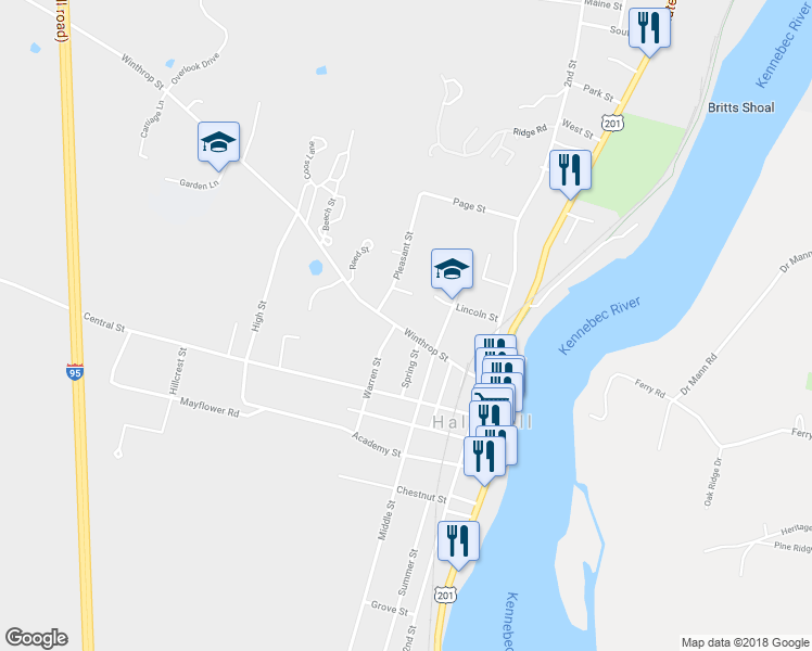 map of restaurants, bars, coffee shops, grocery stores, and more near 37 Winthrop Street in Hallowell