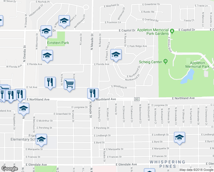 map of restaurants, bars, coffee shops, grocery stores, and more near 838 East Windfield Place in Appleton