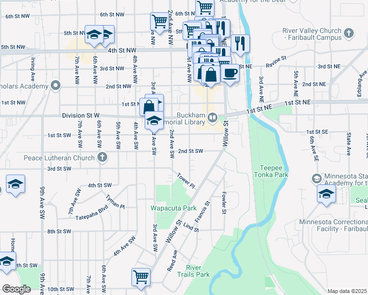 map of restaurants, bars, coffee shops, grocery stores, and more near 118 1st Avenue Southwest in Faribault