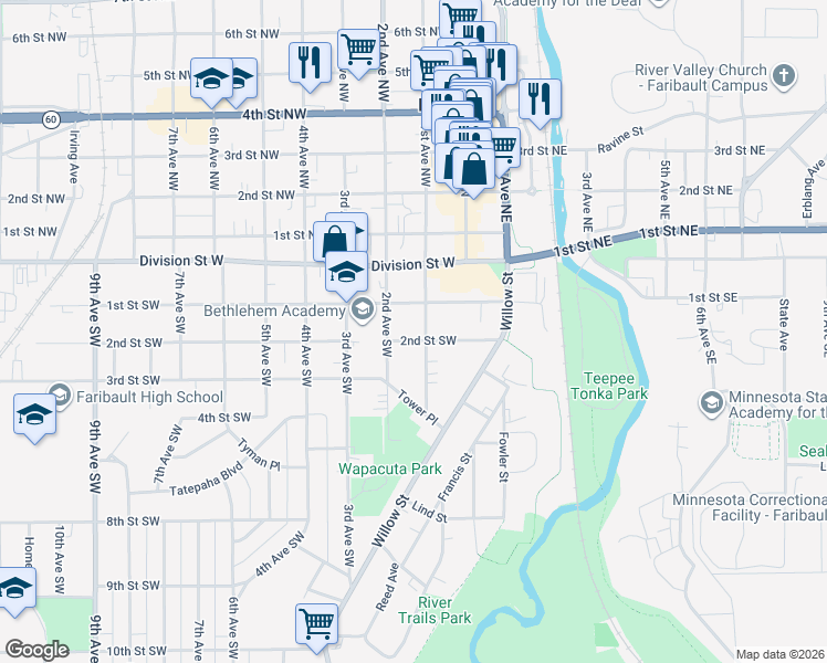 map of restaurants, bars, coffee shops, grocery stores, and more near 124 1st Avenue Southwest in Faribault