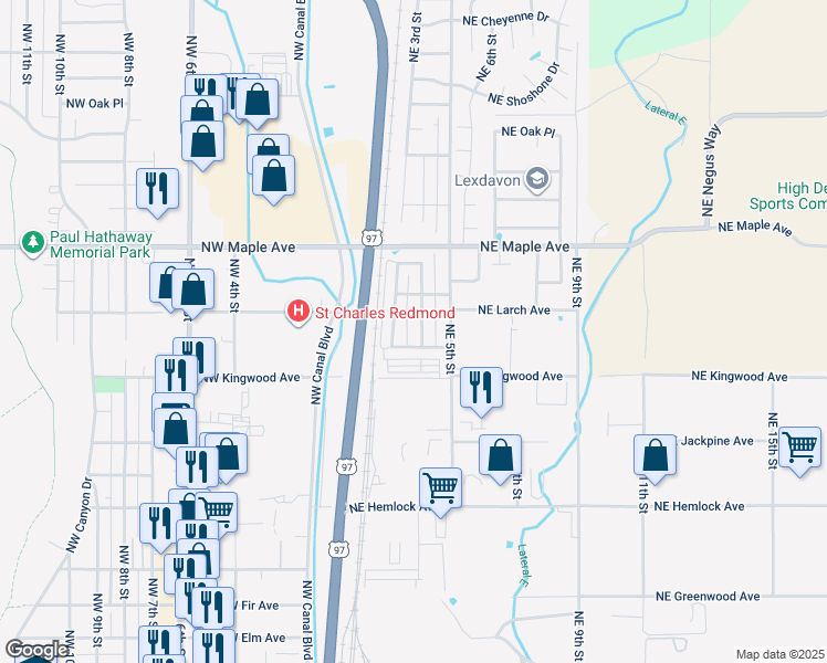 map of restaurants, bars, coffee shops, grocery stores, and more near 1320 Northeast 3rd Street in Redmond