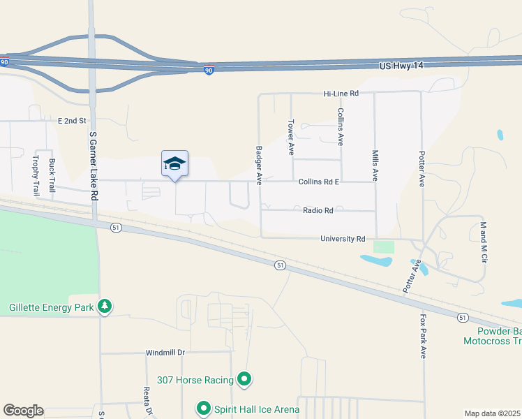 map of restaurants, bars, coffee shops, grocery stores, and more near 4401 Radio Road in Gillette