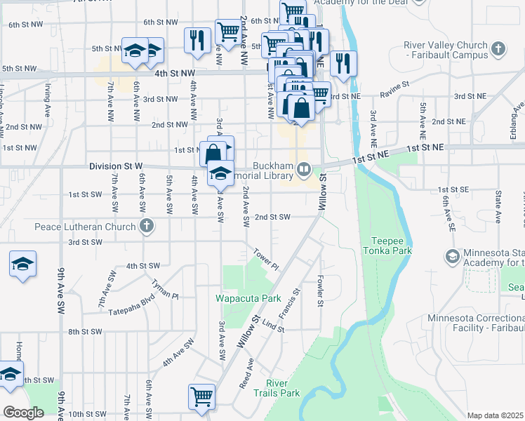 map of restaurants, bars, coffee shops, grocery stores, and more near 124 1st Avenue Southwest in Faribault