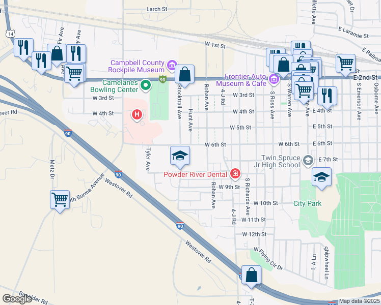 map of restaurants, bars, coffee shops, grocery stores, and more near 705 West 6th Street in Gillette