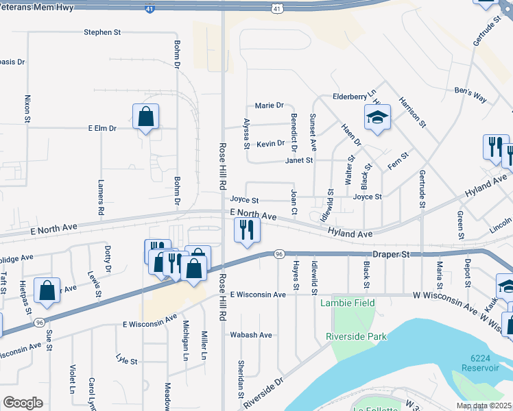 map of restaurants, bars, coffee shops, grocery stores, and more near 2307 Joyce Street in Kaukauna