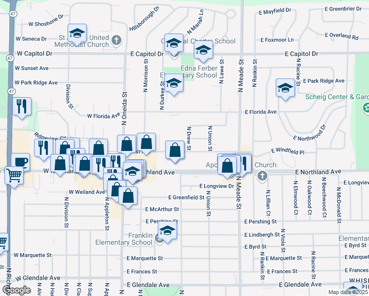 map of restaurants, bars, coffee shops, grocery stores, and more near 330 East 1st Avenue in Appleton