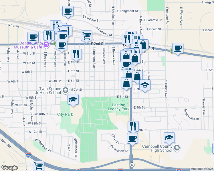 map of restaurants, bars, coffee shops, grocery stores, and more near 603 Osborne Avenue in Gillette