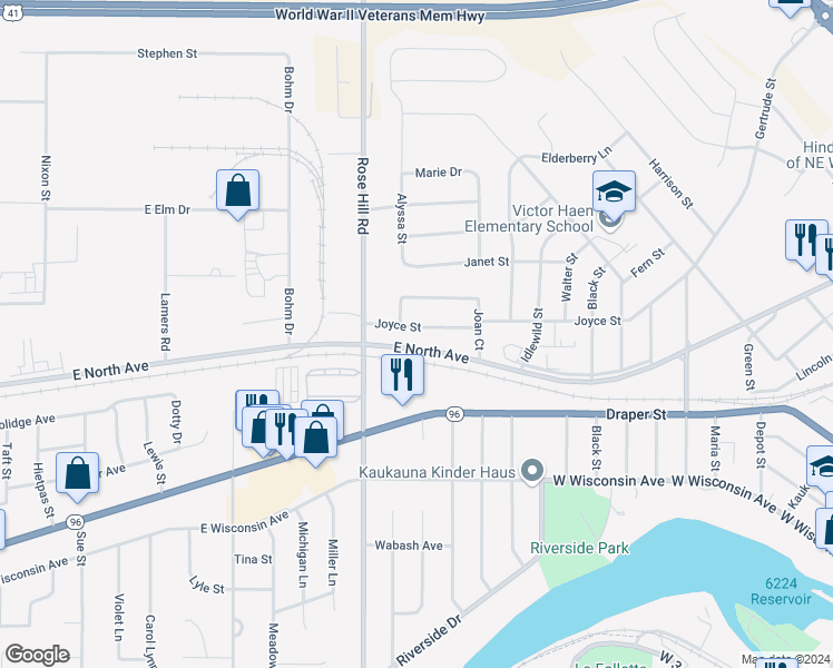 map of restaurants, bars, coffee shops, grocery stores, and more near 2305 Joyce Street in Kaukauna