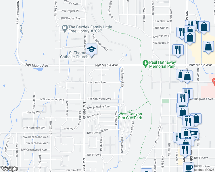 map of restaurants, bars, coffee shops, grocery stores, and more near 1355 Northwest 16th Court in Redmond