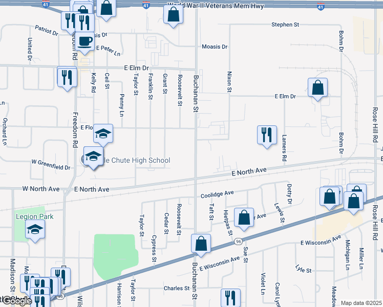 map of restaurants, bars, coffee shops, grocery stores, and more near 1421/1423 Buchanan Street in Little Chute