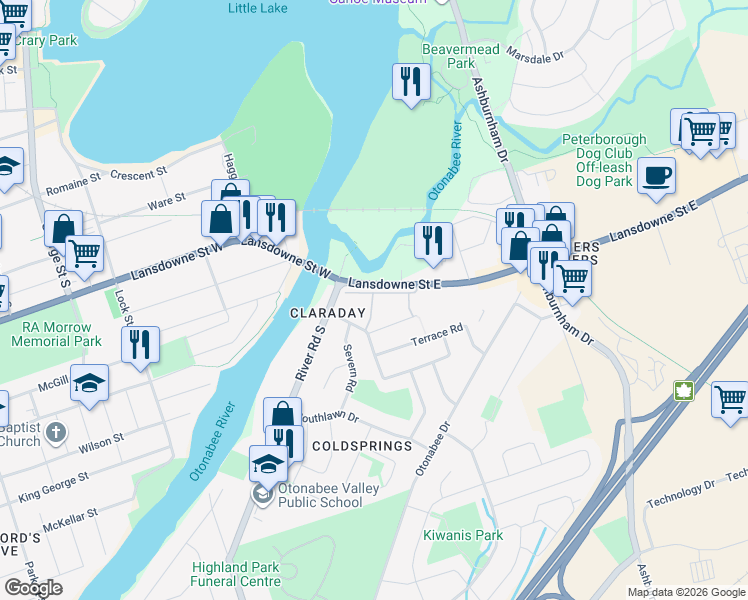 map of restaurants, bars, coffee shops, grocery stores, and more near in Peterborough