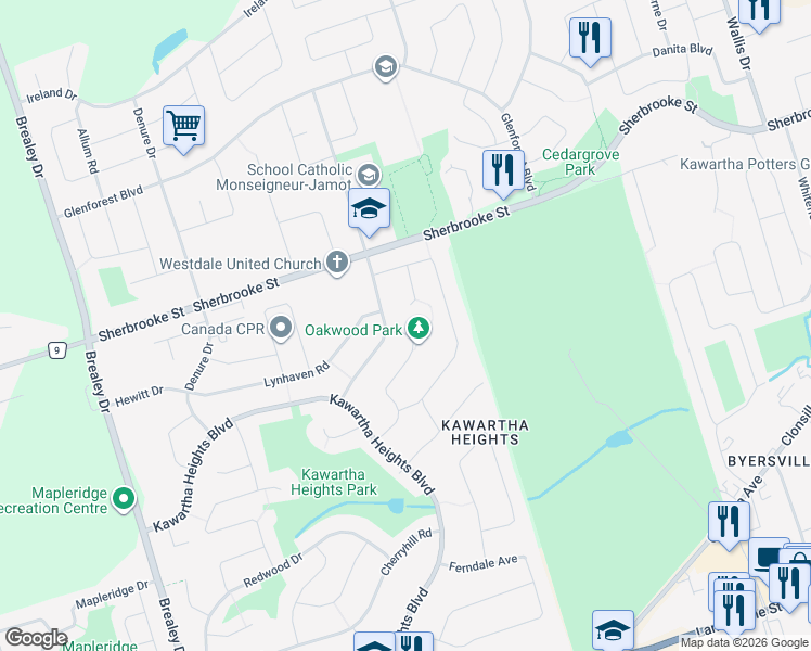 map of restaurants, bars, coffee shops, grocery stores, and more near 114 Oakwood Crescent in Peterborough
