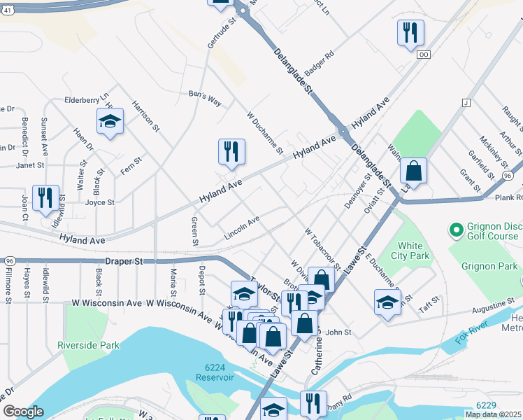 map of restaurants, bars, coffee shops, grocery stores, and more near 709 Lincoln Avenue in Kaukauna