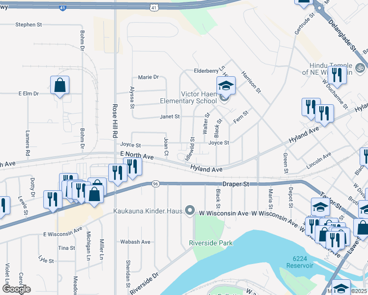 map of restaurants, bars, coffee shops, grocery stores, and more near 1201 Joyce Street in Kaukauna
