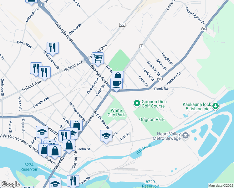 map of restaurants, bars, coffee shops, grocery stores, and more near 111 Plank Road in Kaukauna