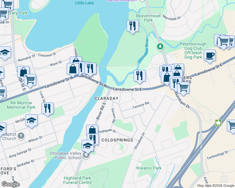 map of restaurants, bars, coffee shops, grocery stores, and more near 996 Sydenham Road in Peterborough