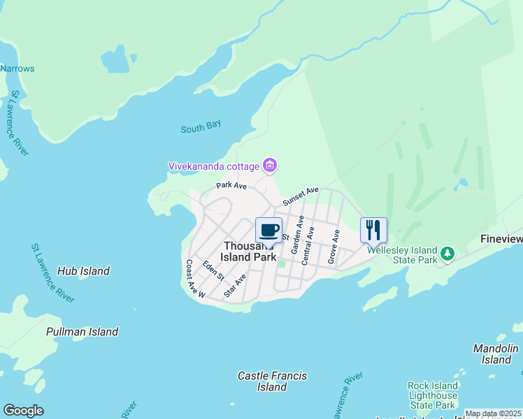 map of restaurants, bars, coffee shops, grocery stores, and more near 42207/223 Rainbow Street West in Wellesley Island