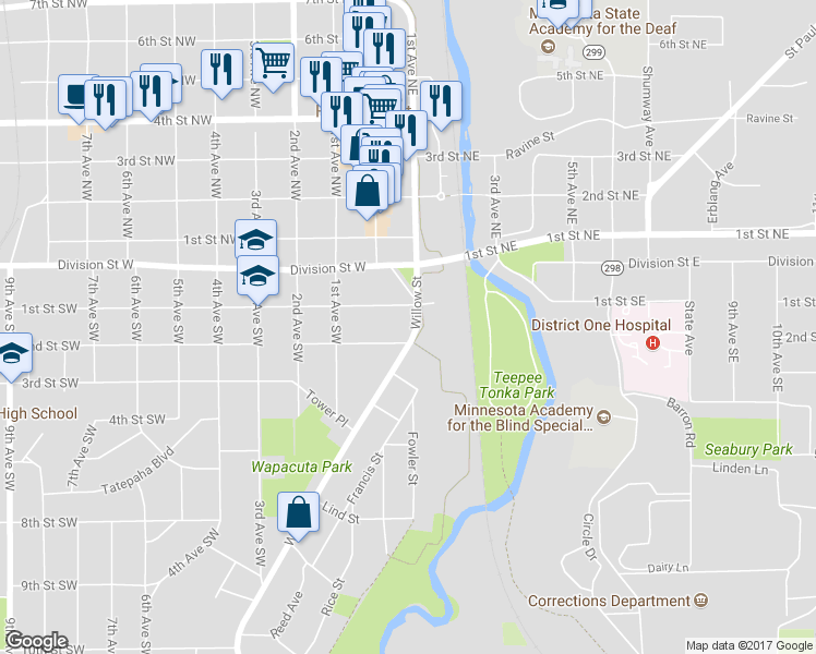 map of restaurants, bars, coffee shops, grocery stores, and more near 114 Willow Street in Faribault